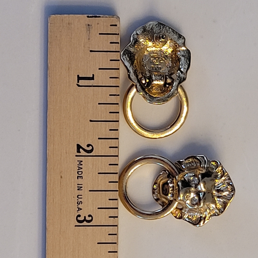 Lion Head Door Knocker Earrings Gold Plated Crystal Eyes KENNETH J LANE x AVON - Picture 10 of 15